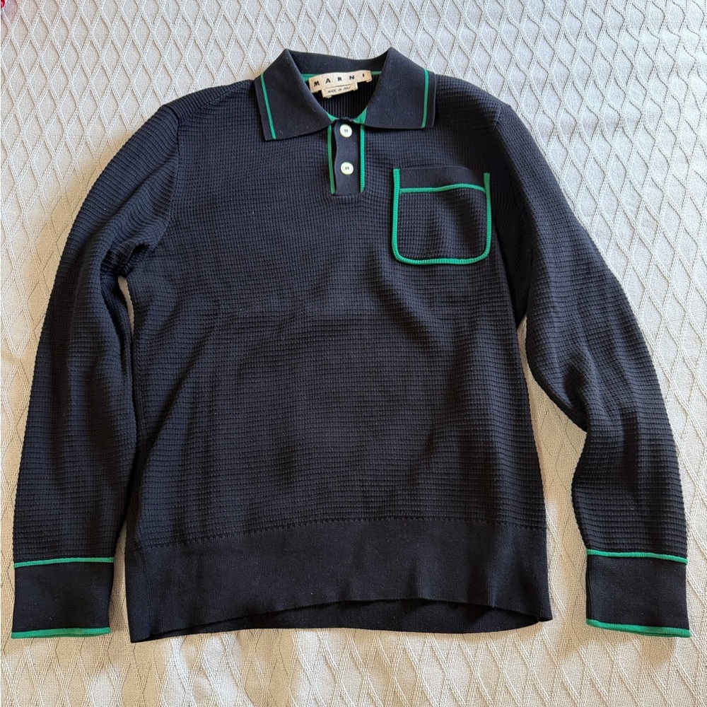Marni Polo Long Sleeve Shirt Black with Green Trim